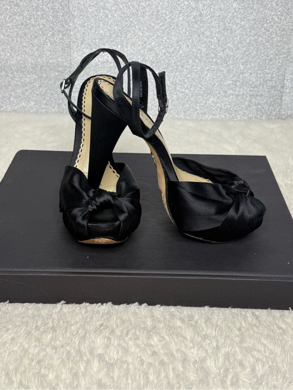 bebe Black Knotted Peep-Toe Ankle Strap Heels - Picture 2 of 11